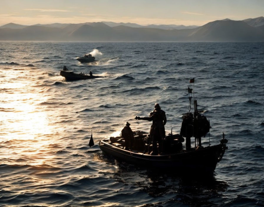 Silhouetted boats with people on calm sea at dusk