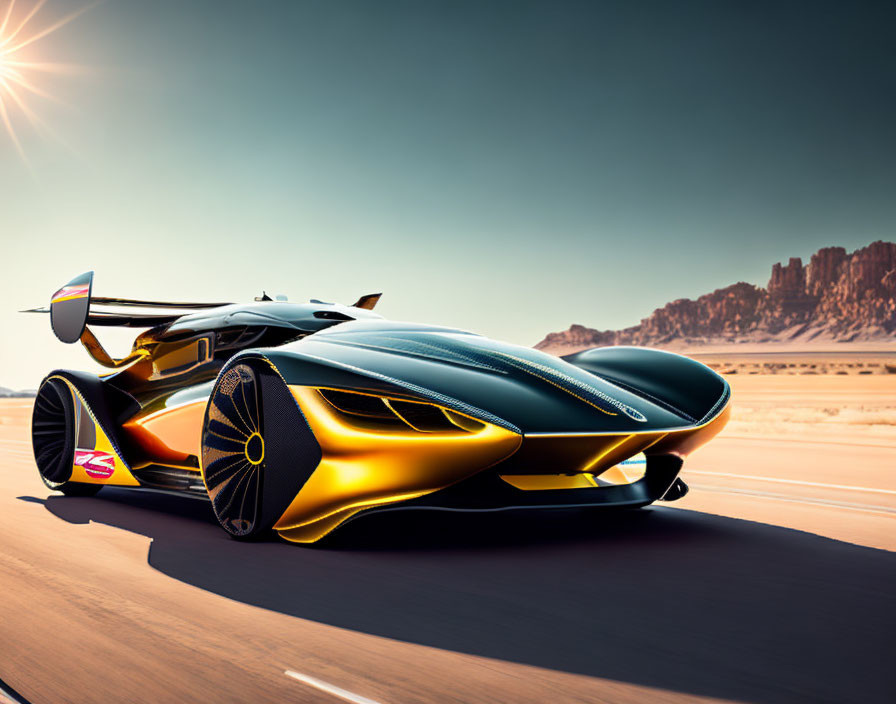 Futuristic black and gold sports car in desert landscape