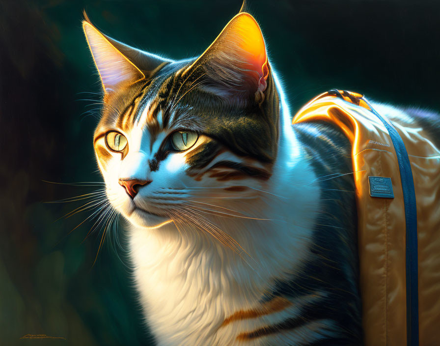 Digital art portrait: Cat with green eyes and stripes, in sunlight with yellow backpack