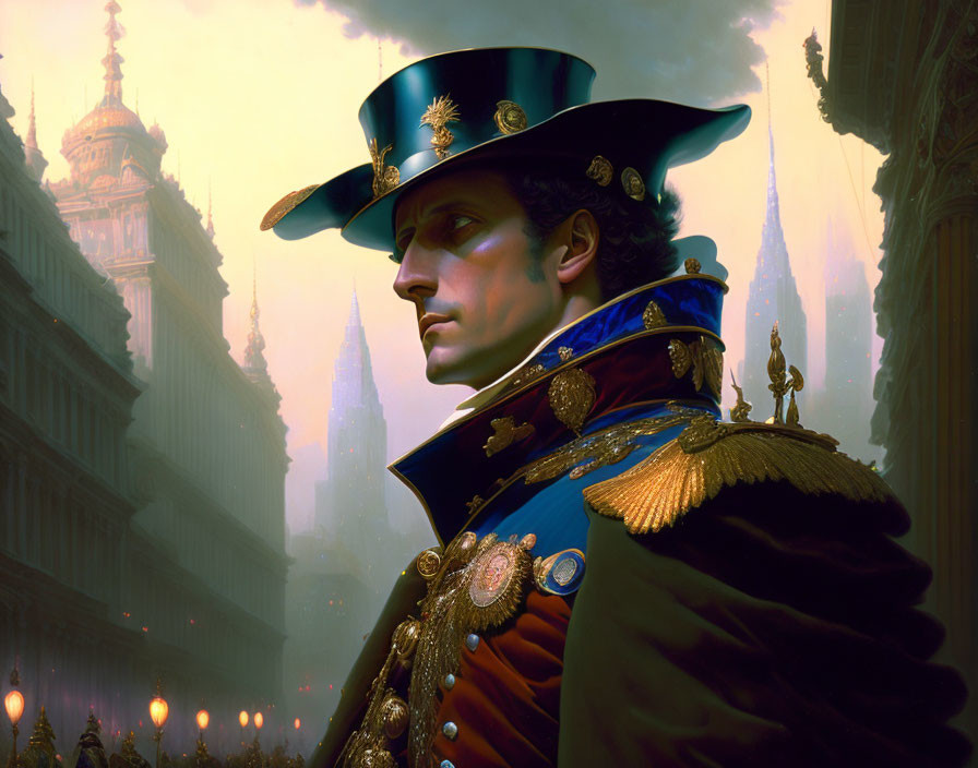 Regal man in blue military uniform against gothic spires.