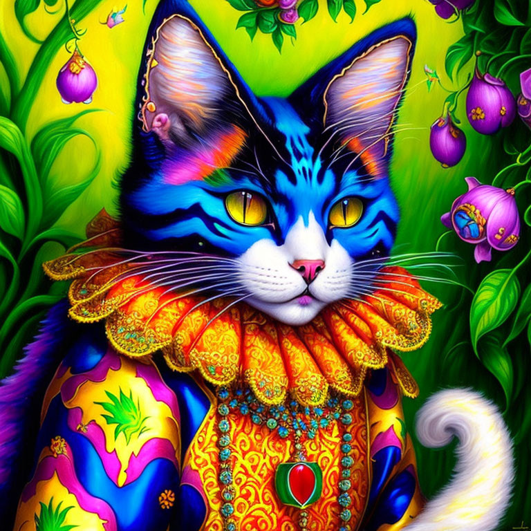 Colorful regal cat illustration with patterned ruff and jewel pendant in fantastical floral setting