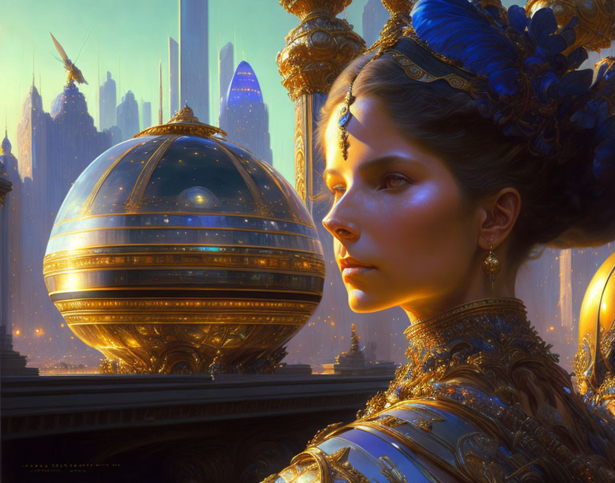 Regal woman with blue headwear in futuristic cityscape