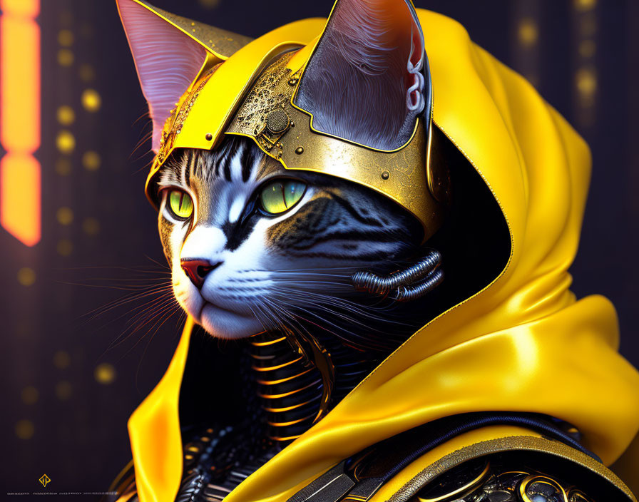 Digital Art: Cat in Medieval Armor with Golden Helmet & Yellow Cape