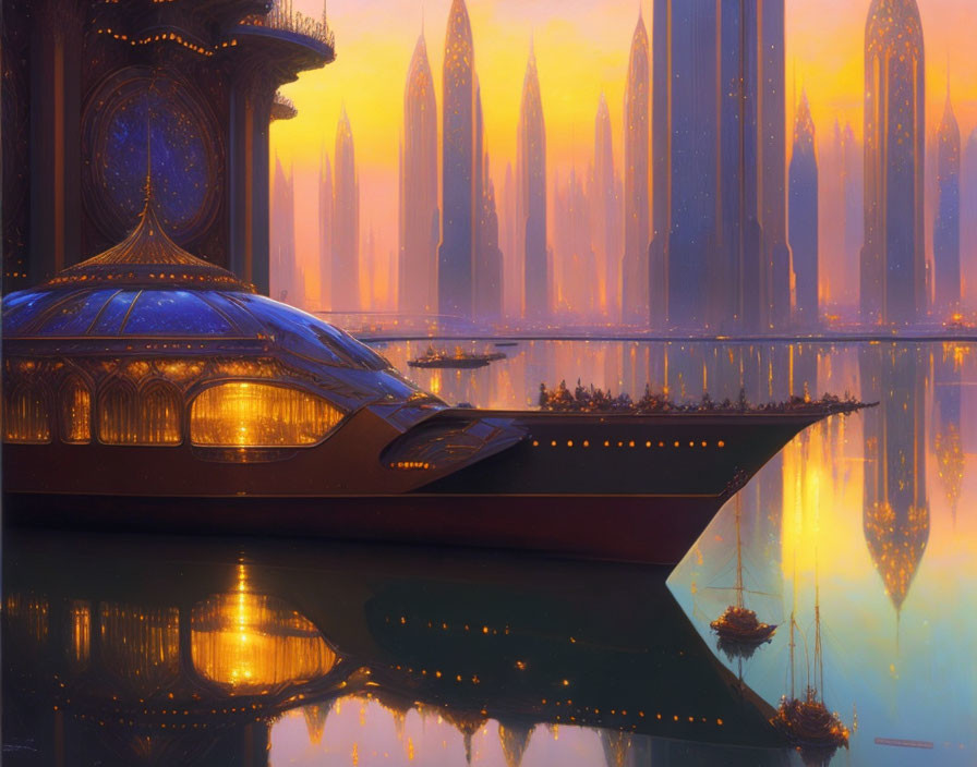 Futuristic cityscape at dusk with tall spires and illuminated boat