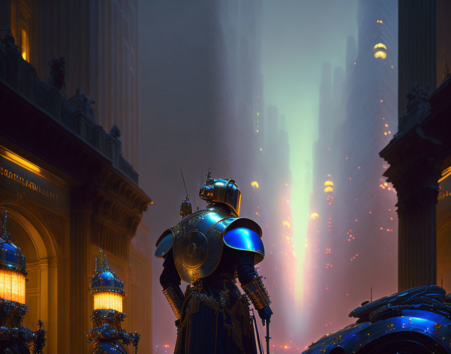 Futuristic knight in armor overlooking neon cityscape