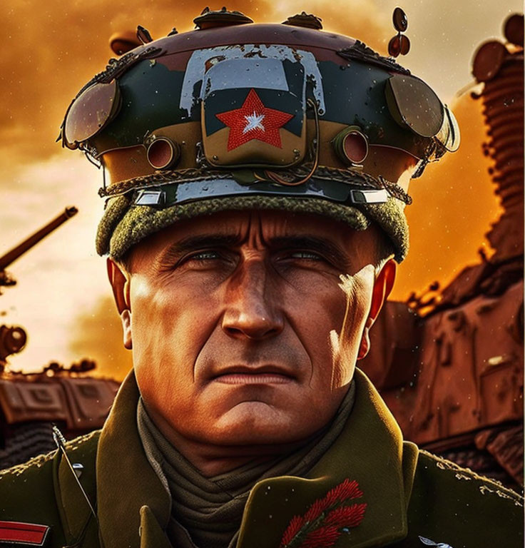 Military man in uniform with red star, tanks in fiery sunset.