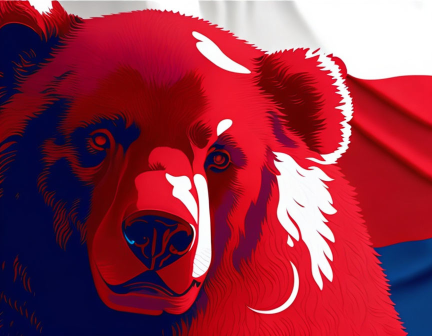 Stylized bear illustration in red and blue tones with white accent over flowing flag