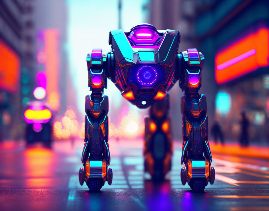 Futuristic robot with blue and purple lights in urban street scene