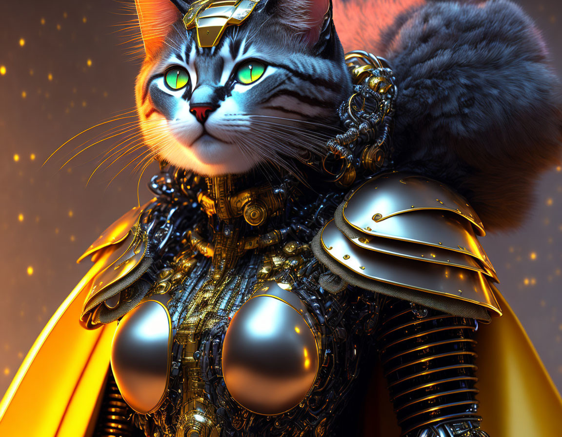 Tabby Cat in Gold and Silver Armor on Orange Background