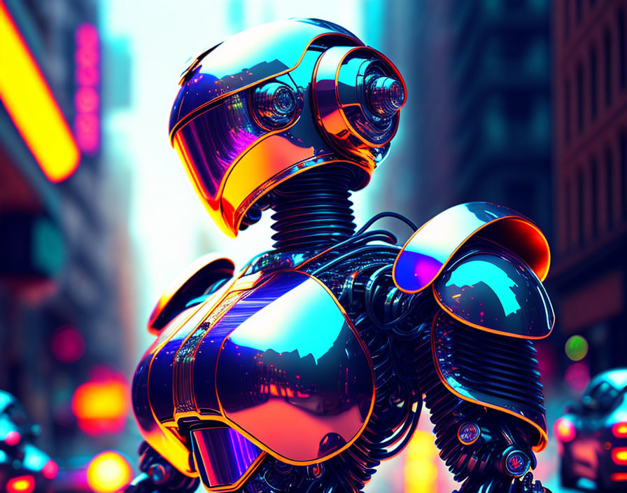 Futuristic glossy robot in neon-lit cityscape