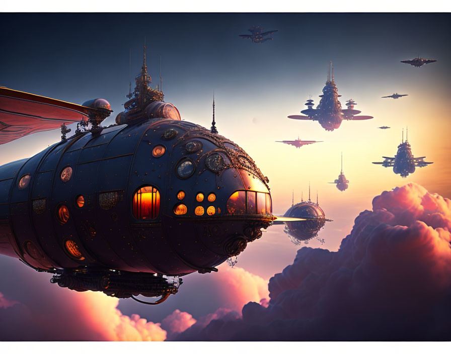 Steampunk airships in orange and blue hues flying at sunset