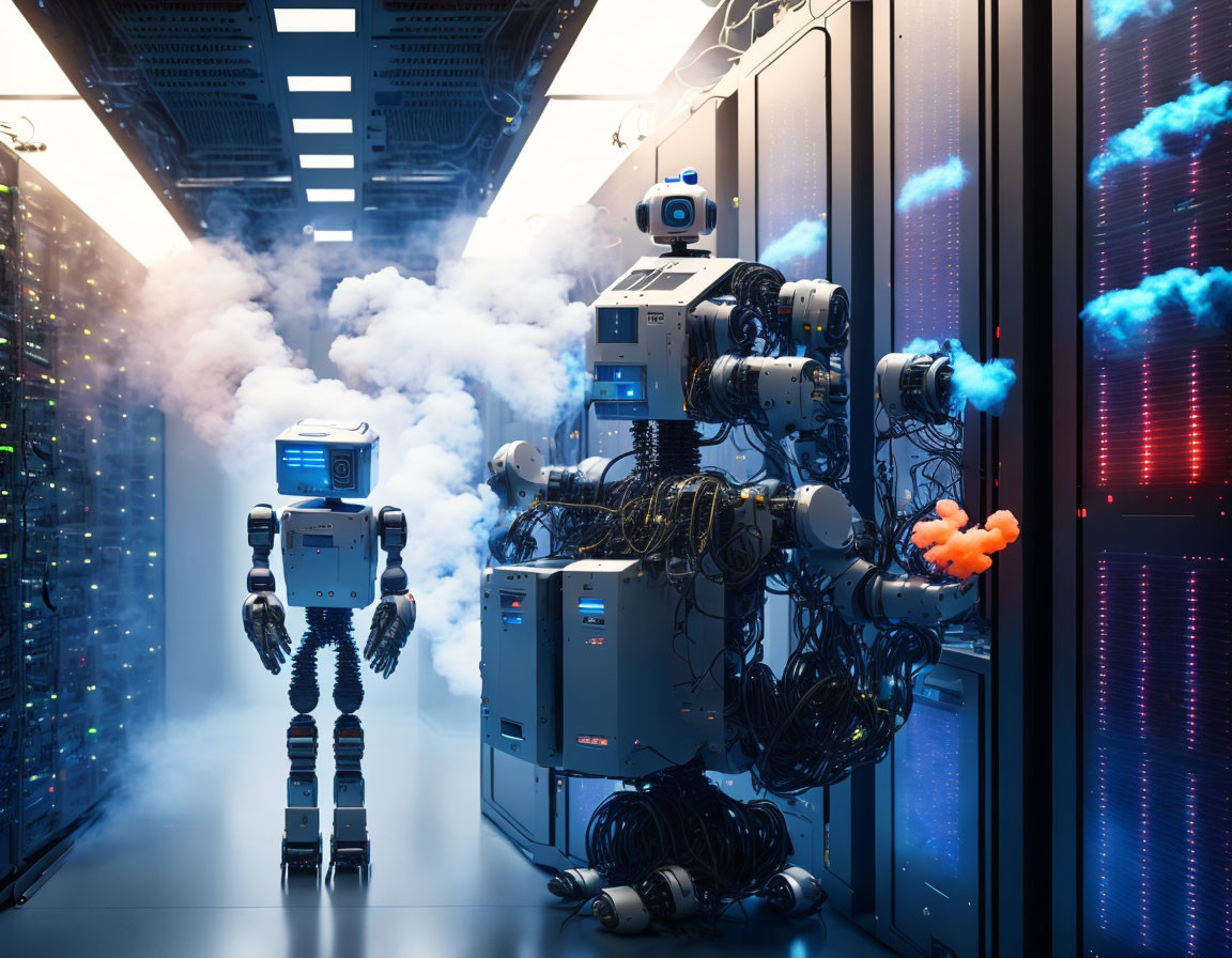 Humanoid Robots Maintaining Servers in Blue-Lit Room