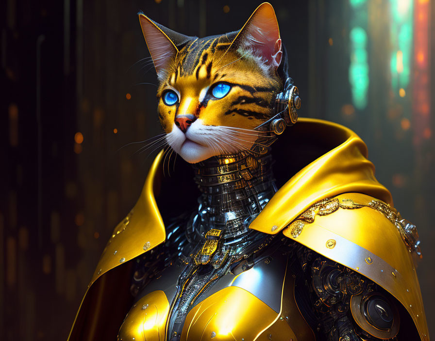 Digital Artwork: Cat with Robotic Body in Golden Armor on Futuristic Background