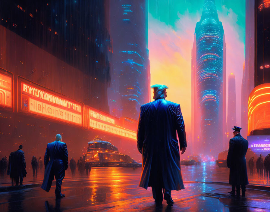 Person in trench coat in neon-lit futuristic cityscape at twilight