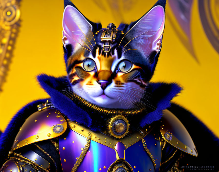 Colorful digital artwork: Cat in blue and orange mechanical suit