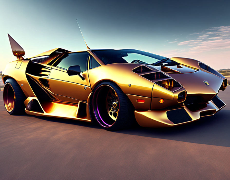 Shiny gold Lamborghini Diablo with rear spoiler under sunset-lit sky