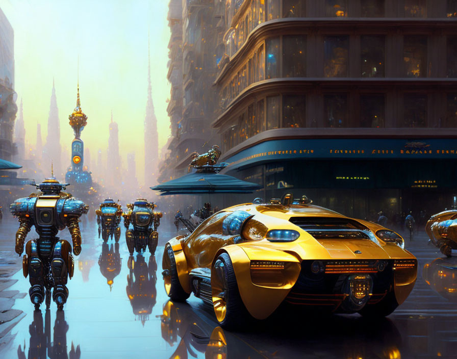 Advanced robots and golden car in futuristic cityscape.