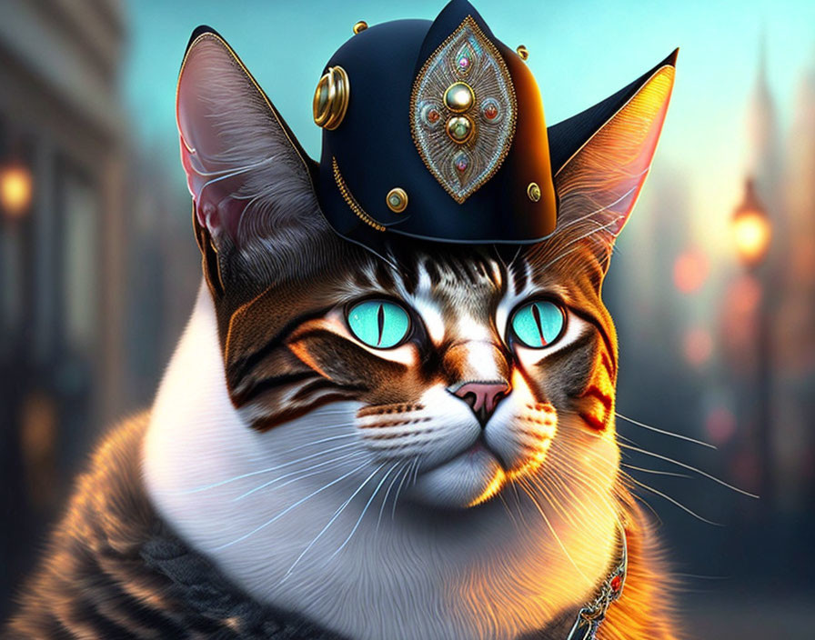 Digital artwork: Cat with turquoise eyes in ornate policeman's hat, sunset cityscape