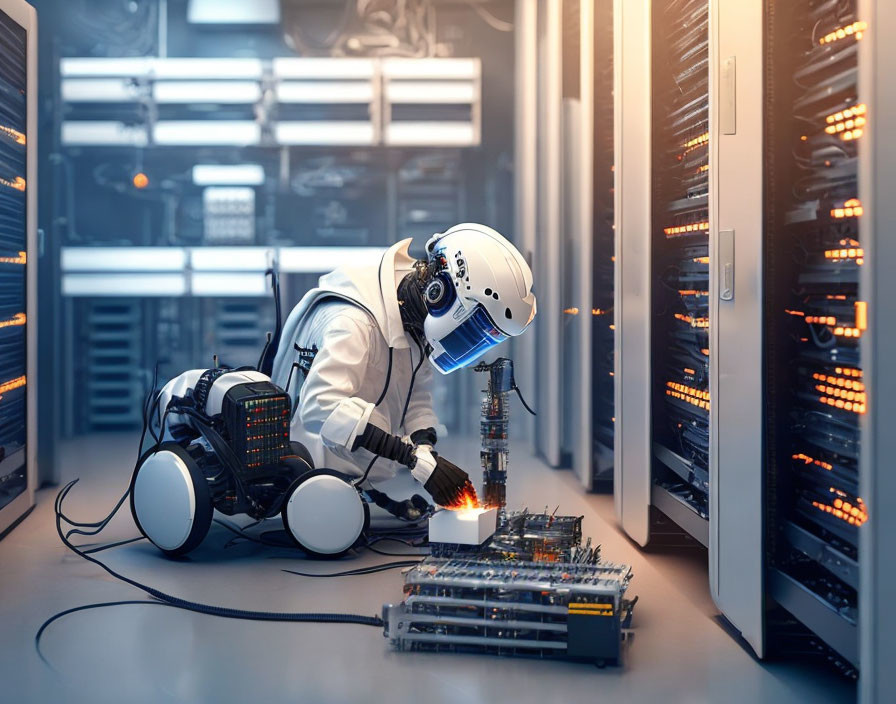 Astronaut in white spacesuit welding server hardware in blue-lit data center