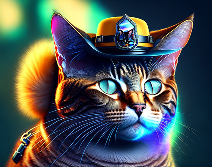 Digital artwork: Cat in police hat with neon colors and glowing eyes