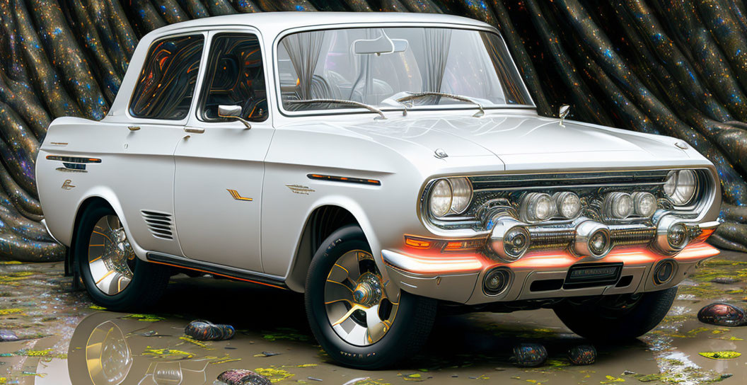 Classic White Car with Distinctive Front Grilles and Round Headlights