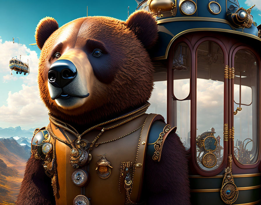 Steampunk-style anthropomorphic bear in Victorian outfit with brass accessories.