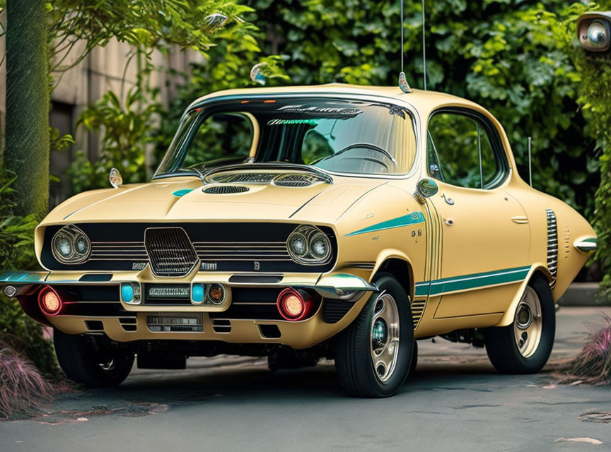 Vintage Two-Tone Yellow and Beige Car with Tailfins and Round Headlamps in Outdoor