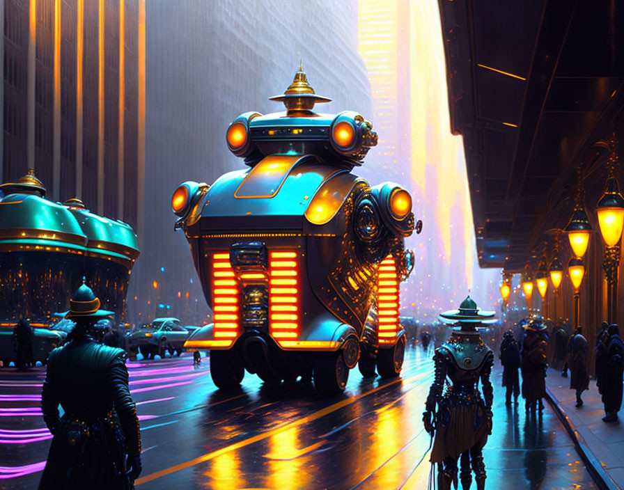 Futuristic cityscape with neon lights, towering buildings, and advanced robots interacting with human-like figures