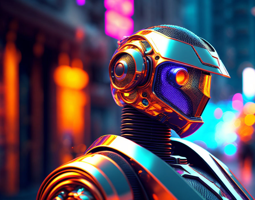 Detailed Futuristic Robot Head and Neck Design Illuminated by Neon Lights