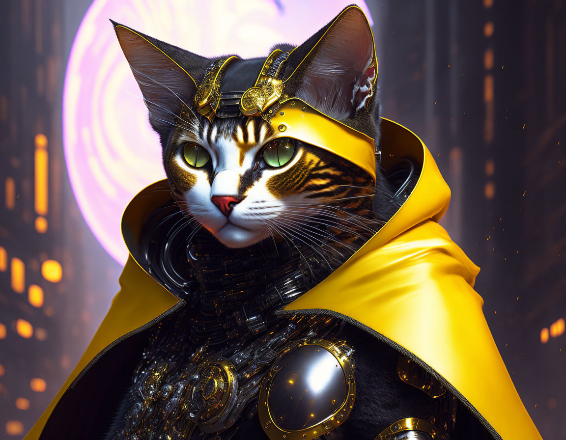 Digital artwork: Cat with humanoid features in futuristic golden and black armor with yellow cape on illuminated backdrop