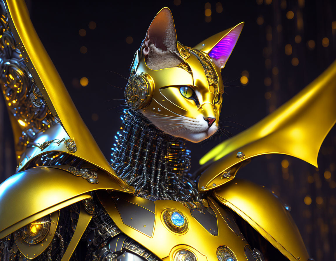 Stylized cat in golden armor against sparkling background