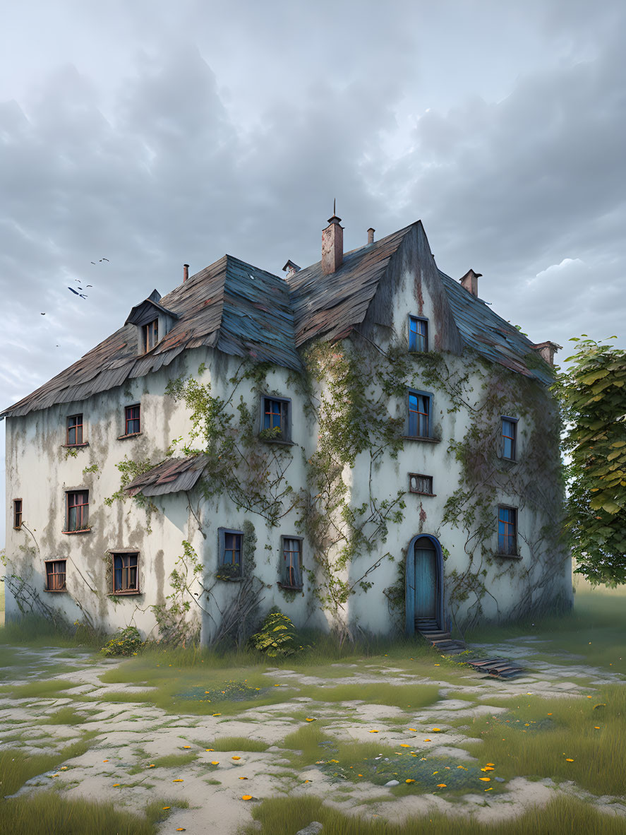 Weathered three-story house overgrown with vines against cloudy sky, birds flying, lush greenery.