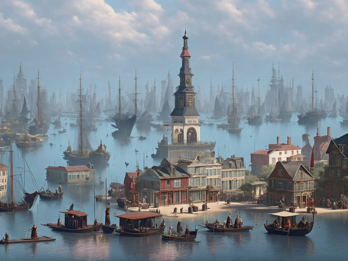 Historical port scene with sailing ships, clock tower, and bustling commerce.