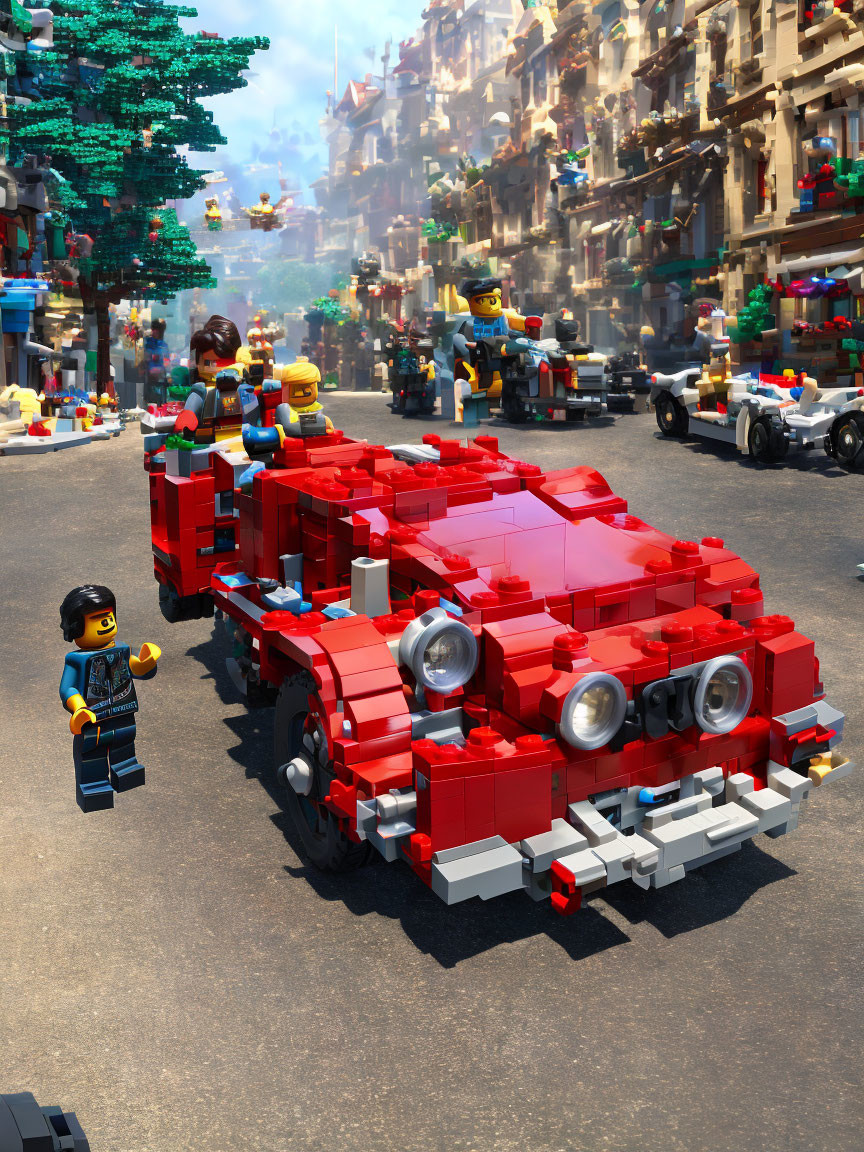 Colorful LEGO street scene with characters and vehicles, featuring a red car.