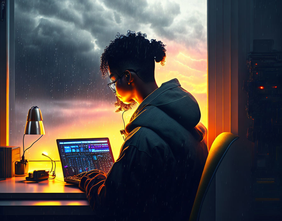 Person coding at desk with rain outside during vibrant sunset