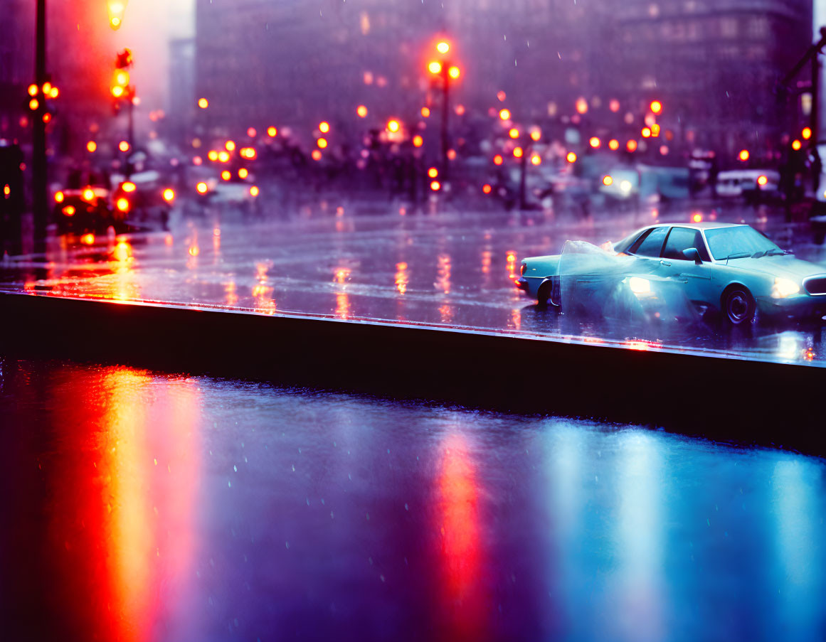 Blurred car lights on wet street with neon colors in rainy dusk