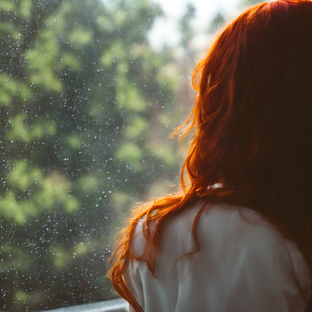 Red-haired person gazes out rainy window with blurred trees.