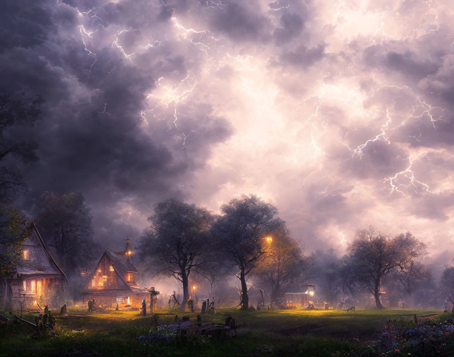 Mystical village scene at dusk with lightning and glowing street lamps