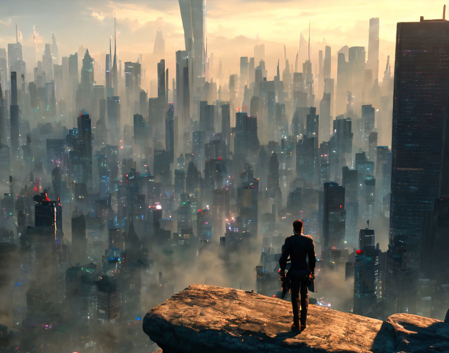 Person overlooking futuristic cityscape at sunrise with skyscrapers & flying vehicles