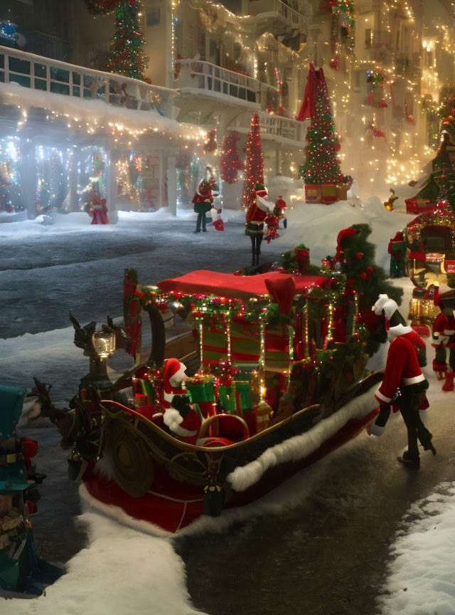 Decorated sleigh, Santa costumes, lights, and snow in Christmas night scene