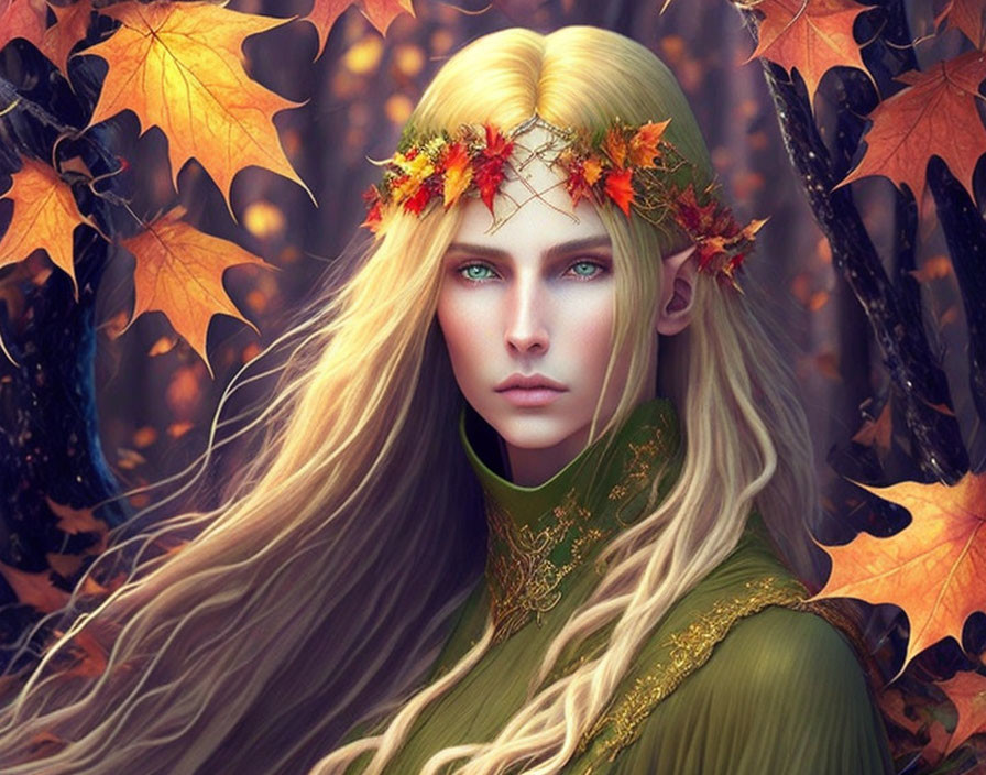 Fantasy portrait of ethereal figure with long blond hair and green eyes wearing autumn leaf crown against foliage