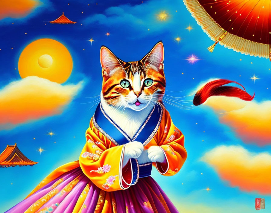 Colorful Cat Illustration in Asian-style Robe with Fan and Dreamy Sky Background