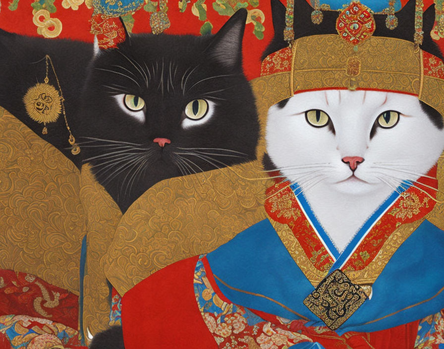 Digital Art: Two Cats as Ancient Royalty in Luxurious Garments