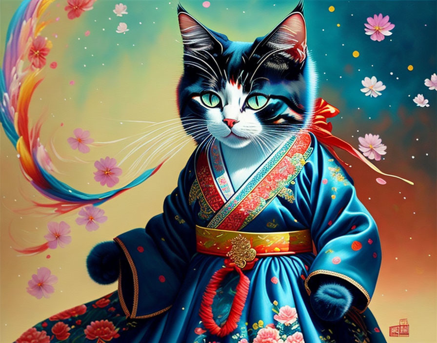 Colorful Cat Illustration in Traditional Asian Blue Robe with Floral Patterns