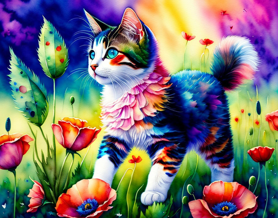 Vibrant Multicolored Cat Among Flowers in Fantasy Scene