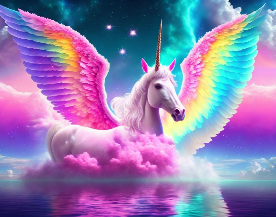 Colorful unicorn with multicolored wings on pink cloud in magical purple sky