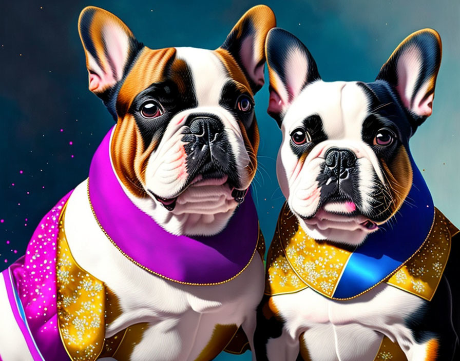 Two French Bulldogs in star-patterned outfits against starry backdrop