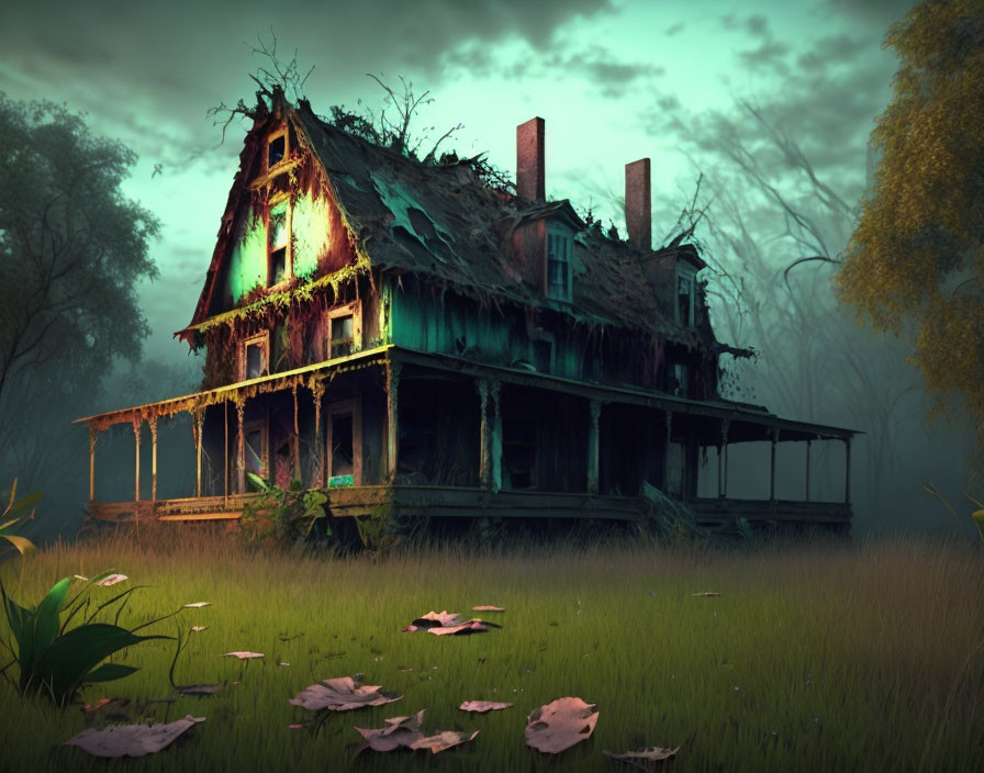 Abandoned two-story house in eerie twilight mist