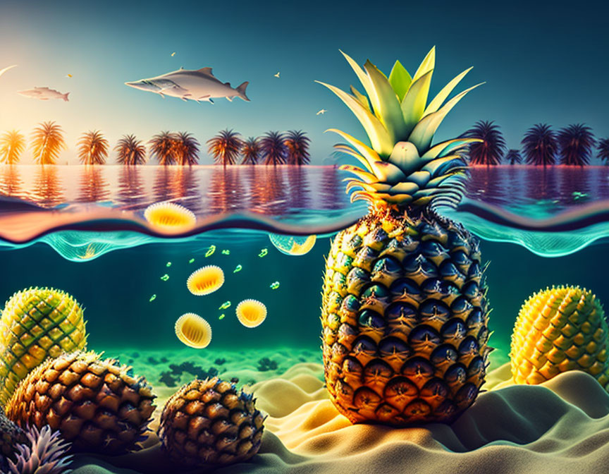 Unique Surreal Landscape: Giant Pineapple in Ocean Surrounded by Underwater Pineapples, Palm