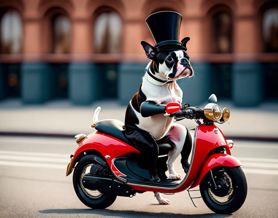 Boston Terrier in Tuxedo & Top Hat Riding Red Scooter in Urban Setting